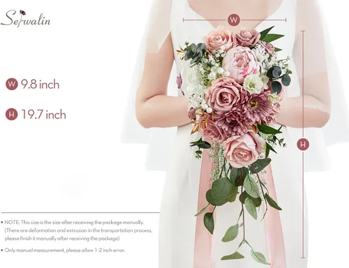 Miniatura 3 de Serwalin Ramos de boda de 9.8 pulgadas para novia y dama de honor, peonías rosa empolvado, ramos de flores de novia para boda, ramo de lanzamiento
