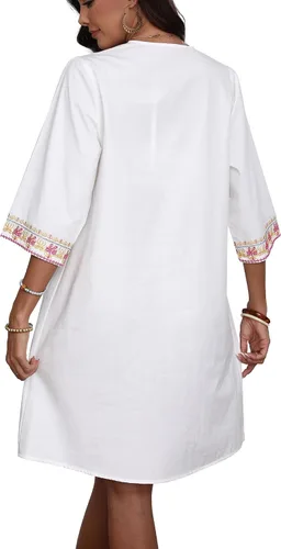 Miniatura 6 de Higustar Mini vestidos de verano de algodón blanco para mujer, estilo mexicano, estilo bohemio, vestido tipo babydoll para mujer