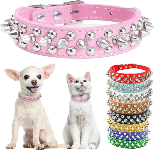 Miniatura 20 de Collar de perro y gato rojo con púas pequeñas para perros pequeños y medianos machos hembras – Collar ajustable con tachuelas – Collar de perro