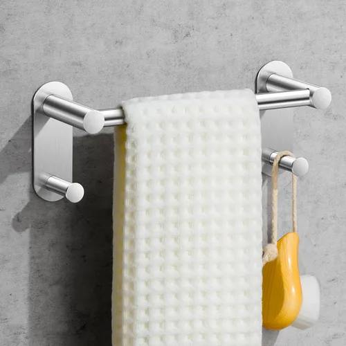 Barra de Toalla Adhesiva de 9 Pulgadas - Toallero de Acero Inoxidable para Baño, Soporte de Toalla sin Taladro con 2 Ganchos, Níquel Cepillado