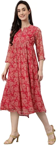Miniatura 4 de Janasya Indian - Vestido acampanado de gasa rosa oscuro con estampado floral lúrex para mujer