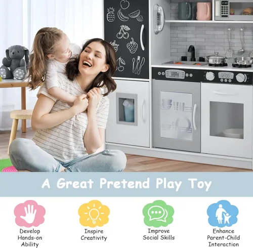 Miniatura 5 de MAT EXPERT Juego de cocina para niños, cocina de juguete de chef de madera con pizarra, máquina de hielo, accesorios de utensilios de cocina, Blanco