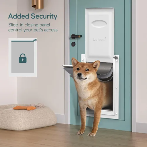 Miniatura 7 de Puerta para mascotas de 3 solapas Baboni para puertas interiores y exteriores, marco de plástico duradero y túnel telescópico, cerradura