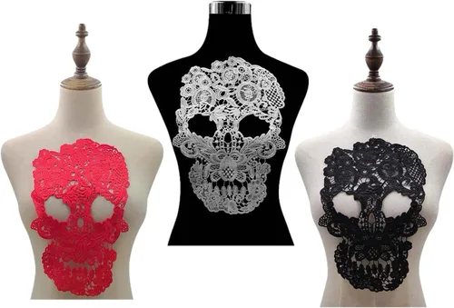 3 piezas de apliques de encaje de esqueleto, parches de calavera bordados de encaje para decoración de vestidos de costura Skull Set