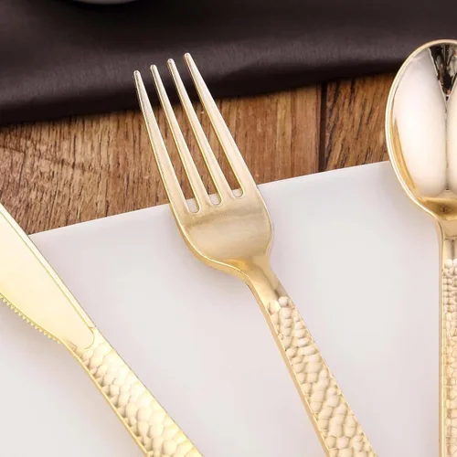 Miniatura 8 de Efavormart - Juego de 24 tenedores desechables de plástico color oro rosa, cubiertos resistentes de 7 pulgadas con elegante diseño martillado