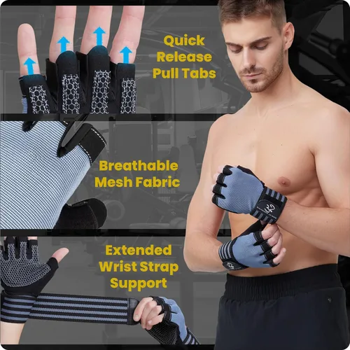 Miniatura 3 de Special Essentials Guantes de gimnasio de entrenamiento para hombres y mujeres, guantes de ejercicio sin dedos con acolchado antideslizante y correa