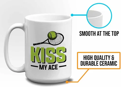 Miniatura 5 de Taza de café de tenis de 15 onzas, color blanco, Kiss My Ace, jugador de tenis, atleta, afición, divertido juego de palabras, sarcasmo, broma