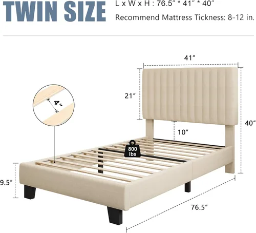 Miniatura 2 de Einhomn Base de cama tamaño individual con cabecero, base de cama tapizada de lino con listones de madera maciza, sin ruido, no necesita somier