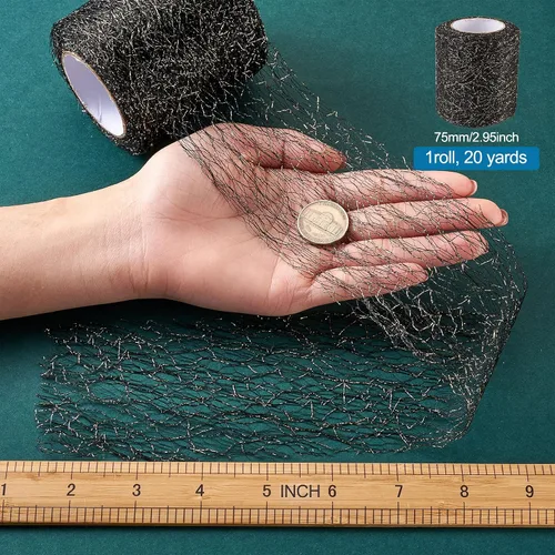 Miniatura 5 de KISSITTY 1 rollo/20 yardas de tela de telaraña de oro negro de 2.953 in, rollo de tela de malla de tul con agujero grande para falda, pompones