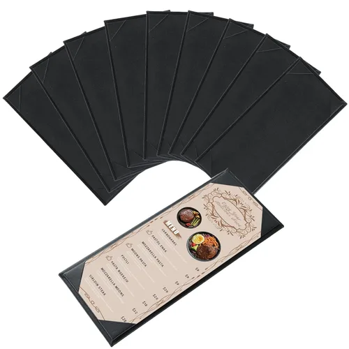 Miniatura 13 de Fundas para menú de restaurante de 4.25 x 11 pulgadas Paquete de 10 paneles de cuero sintético cuádruples con 6 esquinas anguladas para vista