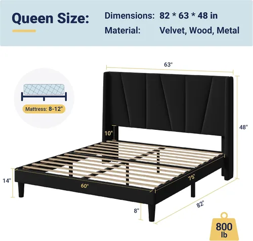 Miniatura 2 de Allewie Marco de Cama de Plataforma de Terciopelo Tamaño Queen con Cabecera Wingback Geométrica, Cama Tapizada Boho con Soporte de Listones de Negro