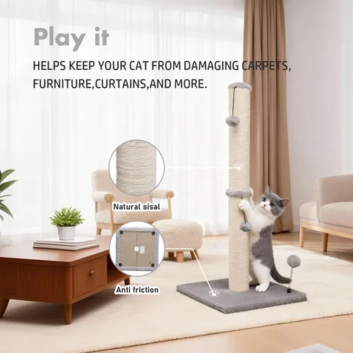 Miniatura 3 de MECOOL Poste rascador para gatos de 34 pulgadas de alto, rascador de sisal, árboles con bola colgante para gatos de interior, gris