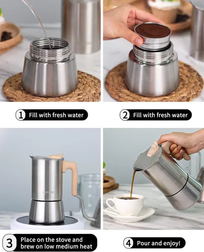 Miniatura 3 de Sivaphe Cafetera Espresso para Estufa de Acero Inoxidable 3.5 oz, 1-2 Tazas Cafetera Inducción Olla Moka, Olla Moka de 100ml Campaing, Olla Moka 2