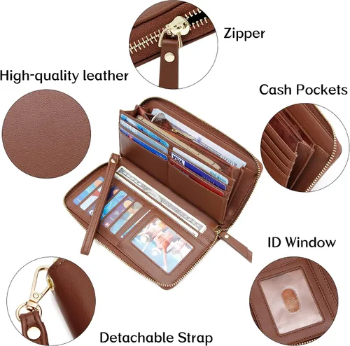 Miniatura 92 de Badiya Billetera para mujer con bloqueo RFlD de cuero con cremallera alrededor de carteras de gran capacidad
