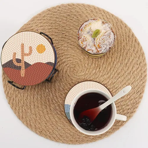 Miniatura 4 de Bulerrylulu Juego de 6 posavasos de pintura de diamantes con soporte, juego de posavasos de arte de diamante de paisaje para bebidas y mesa de café