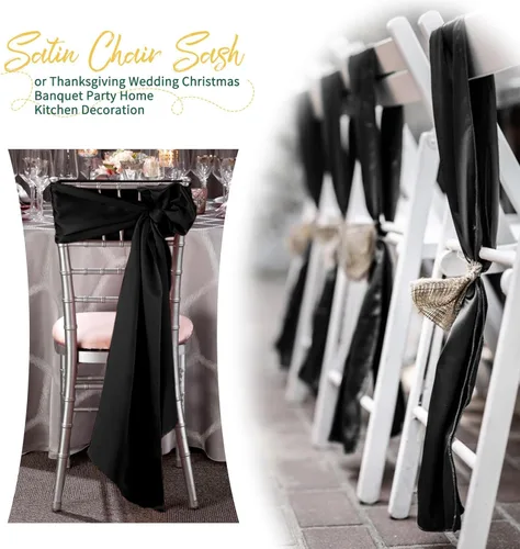 Miniatura 5 de 60 bandas para sillas de satén negro, diseño de lazos con lazos, para decoración de sillas para Acción de Gracias, boda, Navidad, banquetes