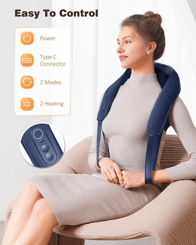 Miniatura 2 de Masajeador de cuello y hombros con calor, masajeador inalámbrico de espalda y cuello para aliviar el dolor, calentamiento de grafeno mejorado, Azul