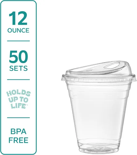 Miniatura 2 de GUSTO Vasos de plástico transparente con tapas [12 oz - 50 unidades] - Vasos desechables para bebidas de café helado con tapas para sorber sin 12