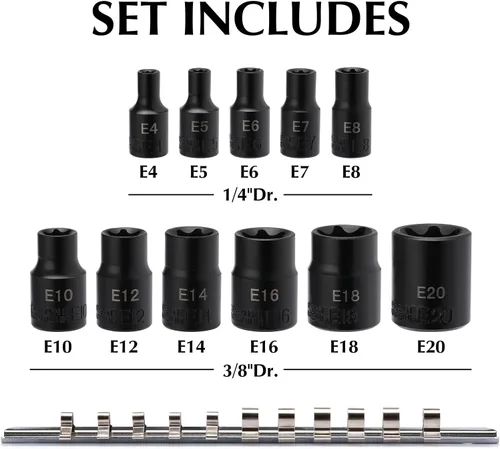 Miniatura 2 de EMENTOL Juego de llaves de vaso E-Torx con riel, CR-V, 1/4" y 3/8" Drive, hembra Torx Star Socket Set, E4 - E20