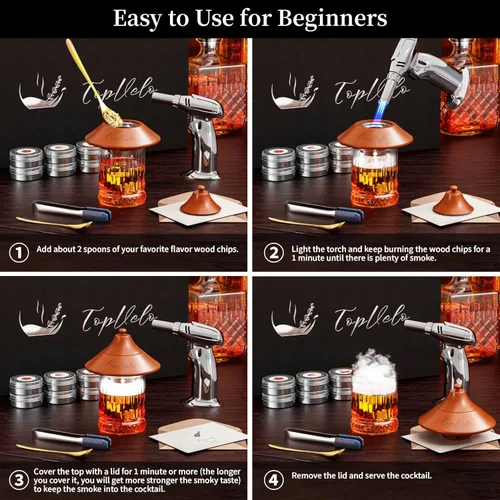 Miniatura 7 de Kit de ahumador de cóctel con antorcha y vaso de whisky, chips de madera de 6 sabores y 3 piedras de whisky para whisky y bourbon, regalo para Marrón