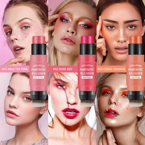 Miniatura 5 de LOKFAR Rubor en barra en crema para mejillas – Rubor de maquillaje múltiple 2 en 1 con pincel para tinte de mejillas, ojos y labios, textura suave e