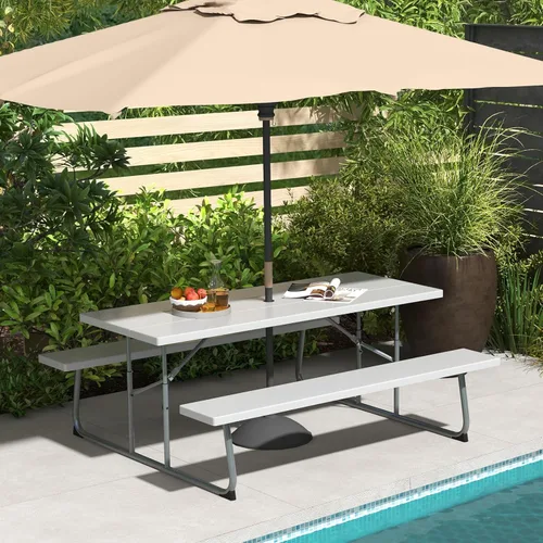 Miniatura 2 de Tangkula Mesa de picnic plegable de 6 pies, mesa de picnic al aire libre con 2 bancos integrados, agujero para paraguas, marco de metal y mesa