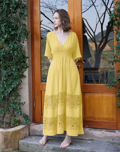 Miniatura 49 de Vestido largo de encaje para mujer de manga corta y cuello en V, vestido de fiesta estilo bohemio con cintura fruncida, vestido bohemio para mujer