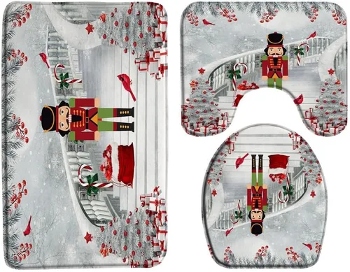 Miniatura 11 de GCTNBJL Juego de 3 alfombrillas de baño para árbol de Navidad, diseño de copo de nieve, rojo, gris, dibujos animados, invierno, vacaciones, baño