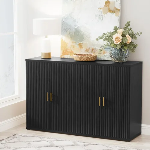 Yechen Armario de buffet acanalado negro con almacenamiento y 4 puertas, armario de almacenamiento Mordern Credenza con estantes ajustables, mesa