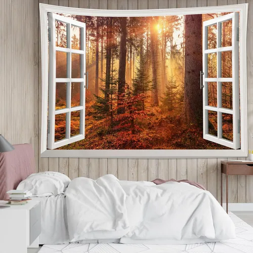 Miniatura 3 de HVEST Tapiz de bosque otoñal para colgar en la pared, hojas de arce naranja y sol, tapiz para colgar en la pared, tapiz de hojas de árbol de otoño