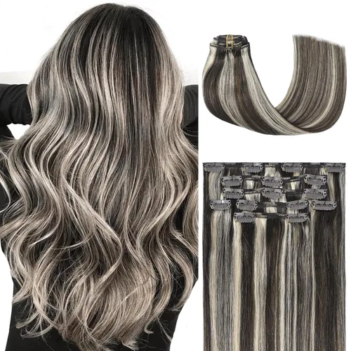 Miniatura 27 de Honsoo Extensiones de cabello humano real de color marrón con pinzas, marrón castaño, 15 pulgadas, 70 g, 7 unidades, cabello lacio sedoso y marrón