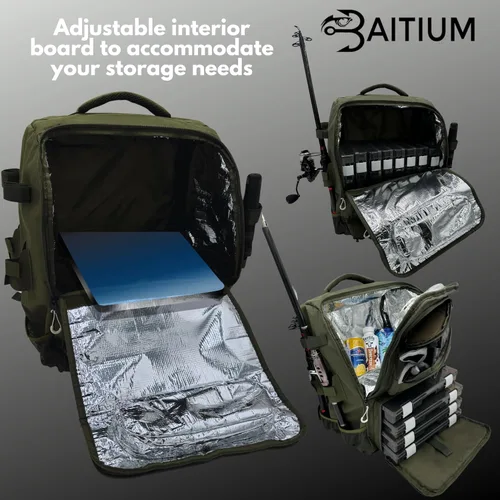Miniatura 4 de Baitium Mochila de pesca - Bolsa de aparejos de 40L con enfriador, soportes para cañas, perfecta para equipo de pesca Verde