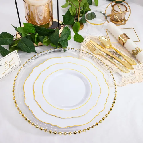 Miniatura 6 de WDF Partyware 350 Piezas de Platos Desechables Dorados para 50 Invitados, Platos de Plástico para Fiesta, Set de Vajilla de 50 Platos de Cena, 50