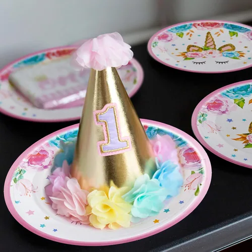 Miniatura 7 de 96 piezas de platos, servilletas y tenedores desechables para fiesta de cumpleaños con tema de caballo cornudo, juego de vajilla para decoración