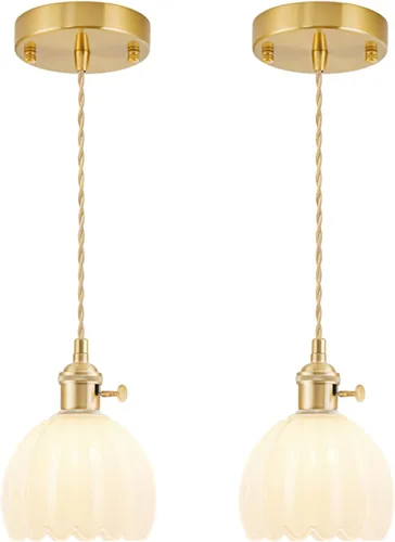 Miniatura 27 de Lámparas colgantes enchufables, lámpara colgante de cristal vintage, mini lámpara colgante de tulipán blanco leche, iluminación colgante para isla