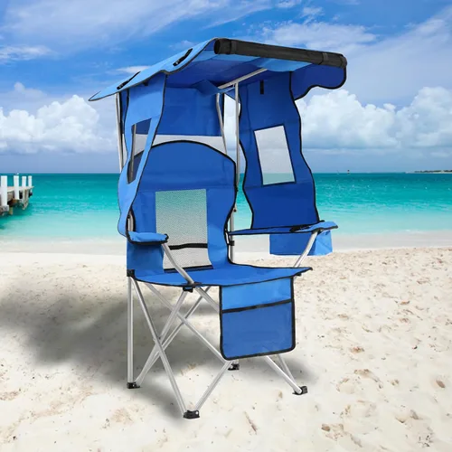 Miniatura 9 de Sillas de camping con toldo, silla de césped portátil cuádruple para adultos, silla reclinable plegable con portavasos para eventos al aire libre