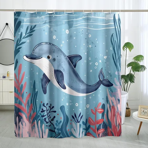Miniatura 19 de Juego de cortinas de ducha de ballena azul, divertidas cortinas de ducha de dibujos animados de océano para baño, decoración de baño para niños