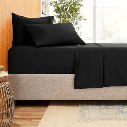 Miniatura 2 de Juego de ropa de cama de 800 hilos de 4 piezas, 100% algodón egipcio, color negro, sábana bajera ajustable de algodón de fibra larga, se adapta a