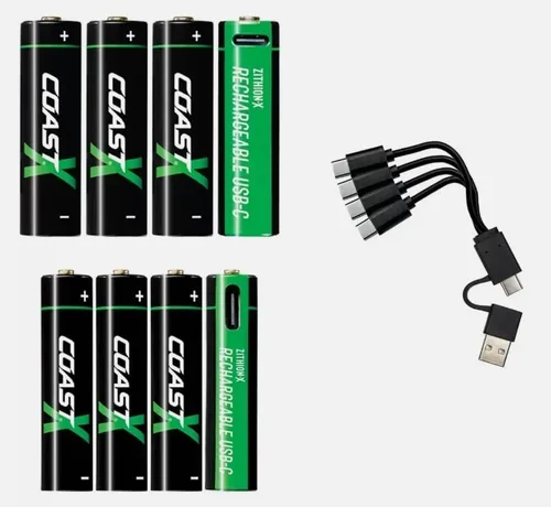 Juego de baterías recargables AA y AAA, paquete de 8 con cable de carga USB-C de 4 vías, carga rápida, puerto USB-C integrado