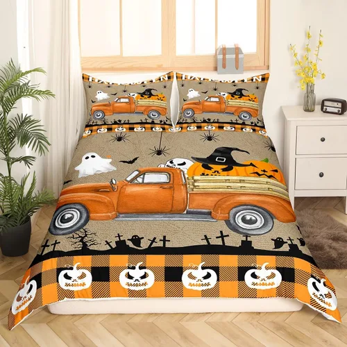 Miniatura 11 de Feelyou Funda de edredón de Halloween, tamaño individual, con 1 funda de almohada, decoración de Halloween, juego de ropa de cama con estampado