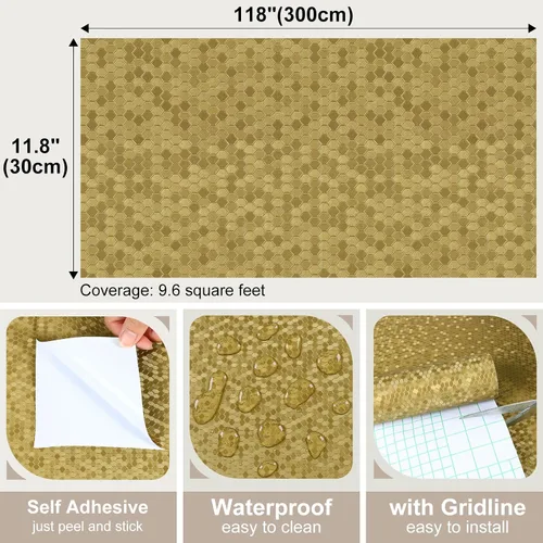 Miniatura 7 de Papel tapiz metálico dorado hexagonal para cocina y baño, papel de contacto geométrico moderno texturizado para estantes de gabinete, despegar
