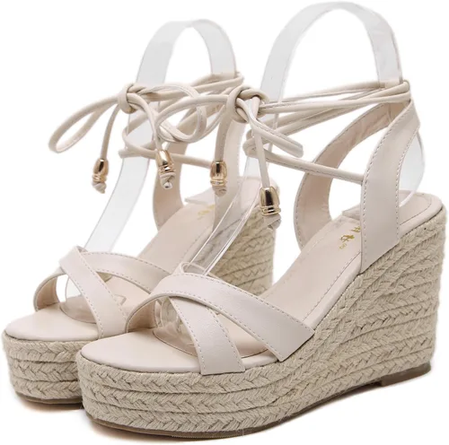 Miniatura 3 de MAKEGSI Womens Jute-rope Middle Wedge Heel Summer Shoes Flip Sandals Lace Up