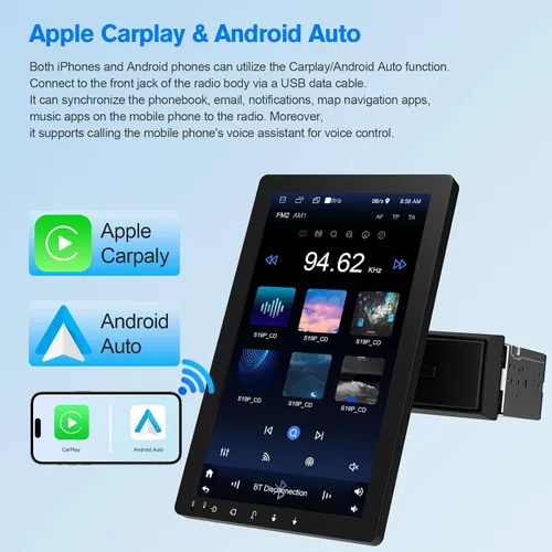 Miniatura 2 de Estéreo de coche con pantalla táctil giratoria de 10.1 pulgadas, Android 13, inalámbrico CarPlay/Android Auto, CPU de 4 núcleos, 2GB+32GB