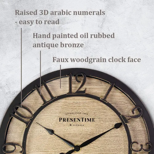 Miniatura 3 de Presentime & Co - Reloj de pared de la serie Farmhouse de 10 pulgadas, estilo cabaña, diseño vintage, bronce aceitado