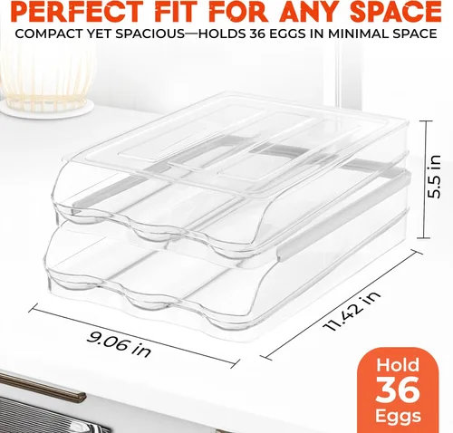 Miniatura 2 de Soporte para 36 huevos para refrigerador, organizador automático de huevos de 2 niveles para ahorrar espacio y almacenamiento fresco, sin BPA