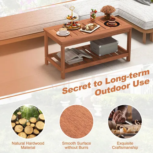 Miniatura 6 de Giantex Mesa de centro de madera dura para patio, mesa de centro de madera de 2 niveles con mesa de listones y estante de almacenamiento, mesa