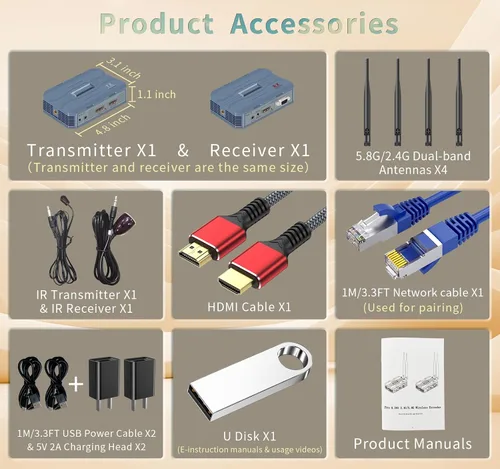 Miniatura 9 de Kit de transmisor y receptor HDMI inalámbrico 4K@30HZ/2K@60HZ/1080P@60HZ Banda dual de 2.4G/5.8G, transmisión Plug & Play desde STB, PC, CCTV a