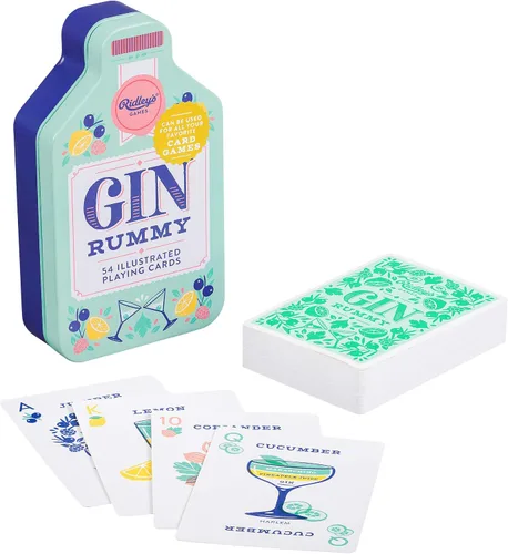 Ridley's Baraja de cartas de índice Gin Rummy, 54 cartas estándar bellamente ilustradas a mano, incluye una lata de almacenamiento duradera para un