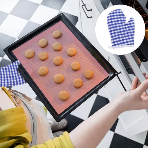Miniatura 6 de 2 guantes de horno para cocina de juego, guantes de horno de microondas, guantes de cocina para hornear, a cuadros rojos para una parte trasera Azul