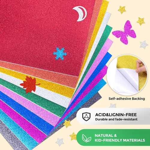 Miniatura 2 de BigOtters 28 hojas de cartulina con purpurina, 10 colores surtidos de papel brillante con purpurina para manualidades y manualidades, suministros